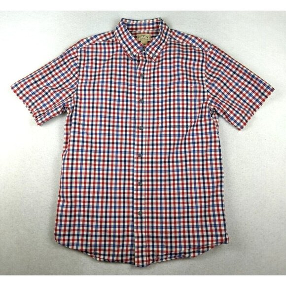 BLUE MOUNTAIN - MEN'S BLUE & RED PLAID SHORT SLEEVE BUTTON-UP SHIRT - SIZE M - Picture 1 of 7